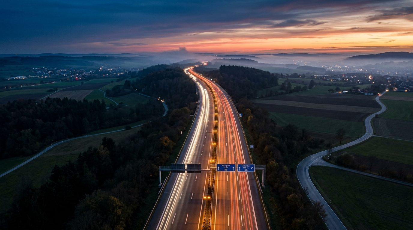 Deutsche Autobahn bei Dämmerung